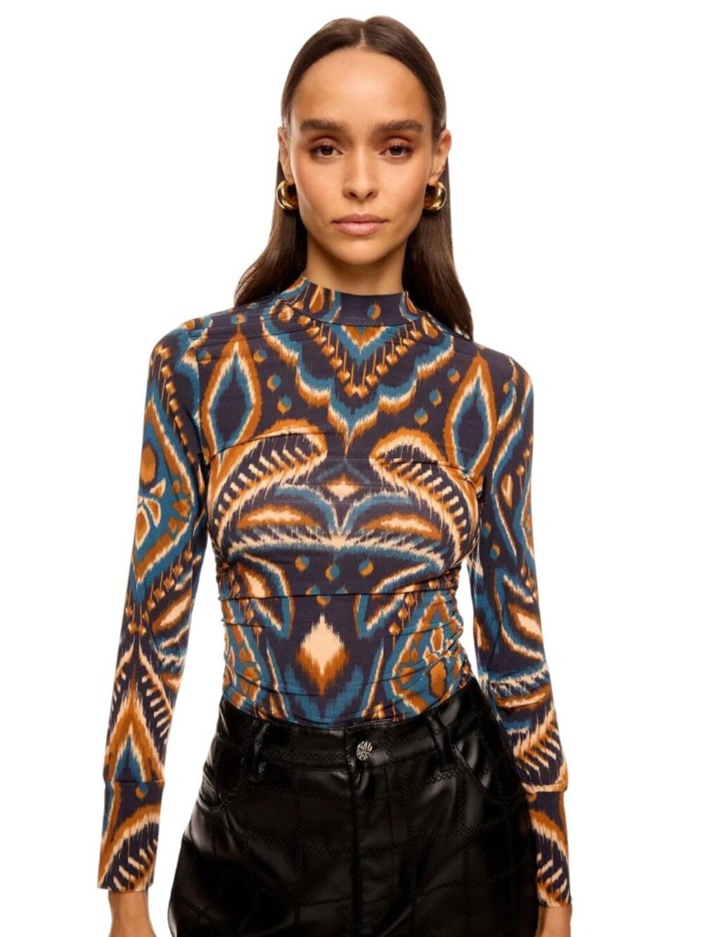 FARM Rio Pineapple Ikat Blouse in Small Blue Jersey Womens Mock Neck Long Sleeve